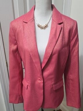 LIZ CLAIBORNE BRAND WOMEN'S GOLDTONE SPARKLES RED LINED BLAZER JACKET SIZE 4